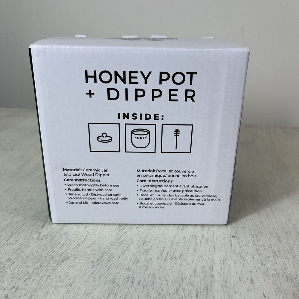 Honey Pot & Dipper White Ceramic Jar Wood Dipper Bushwick Kitchen Honey‎ Storage - Picture 3 of 8